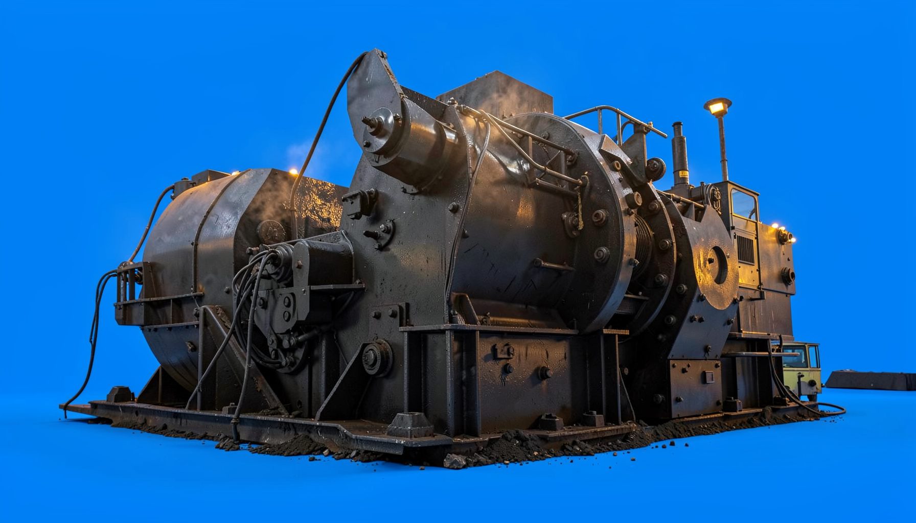 Large industrial crushing machinery in a mining quarry setting, dark charcoal and steel tones with warm amber dust lighting, conveying power and heavy-duty engineering.