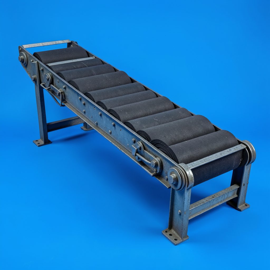 Heavy-duty belt conveyor system in a mining environment, with dark rubber belting and steel roller frames, conveying continuous bulk material transport capability.