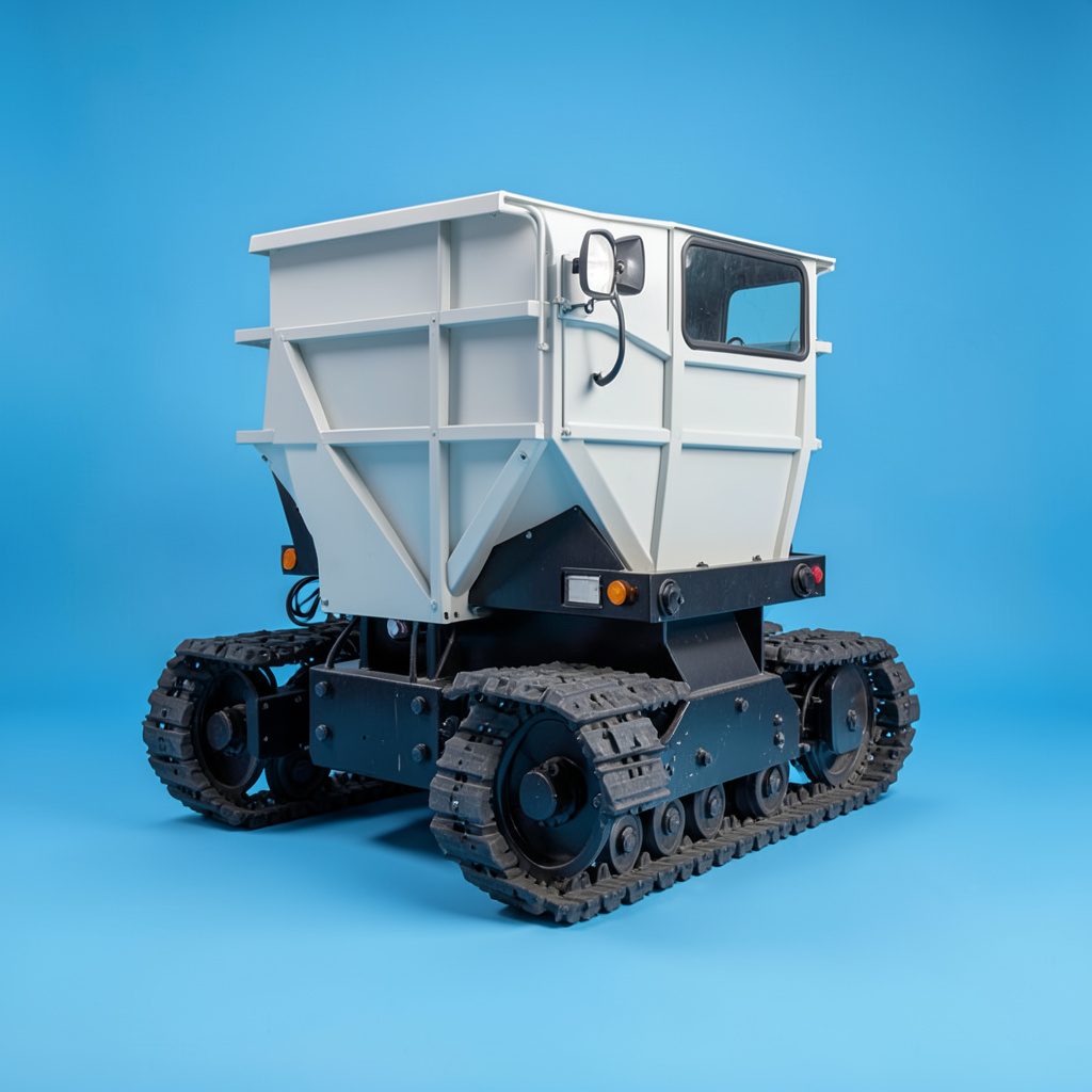 Track-mounted mobile screening plant with rugged crawler undercarriage on a clean studio backdrop, conveying all-terrain mobility for remote quarry sites.
