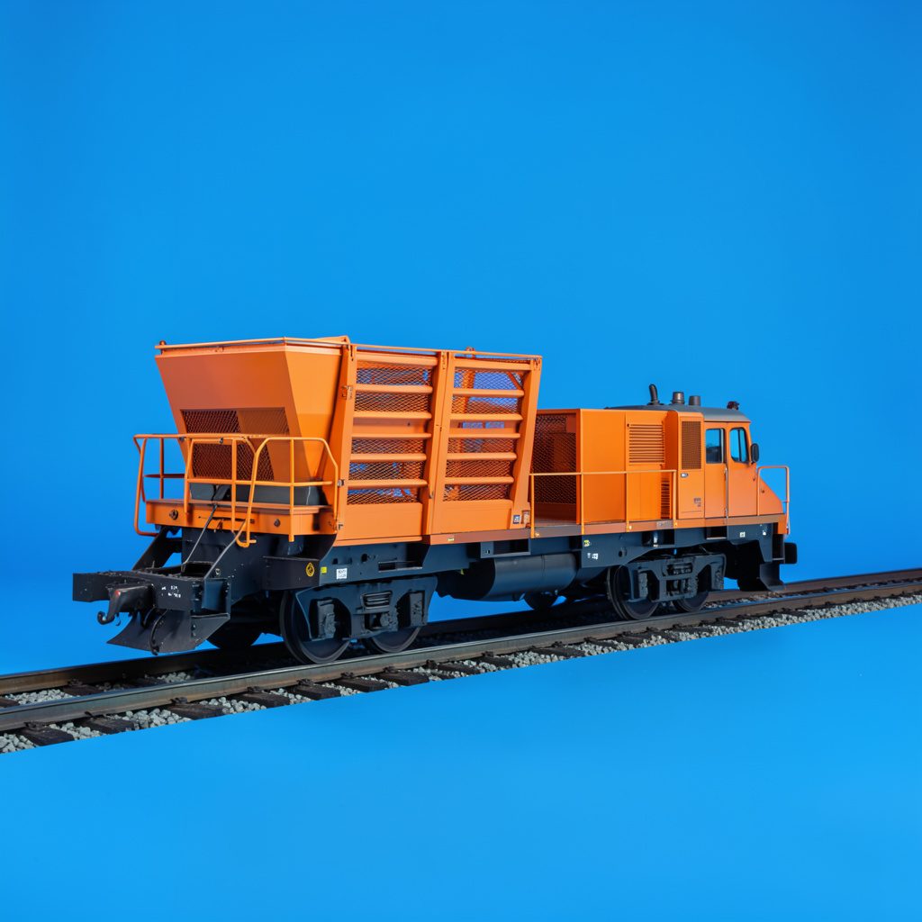 A mobile screening plant on tracks with multiple screen decks, finished in orange and dark grey, photographed on a seamless studio backdrop.