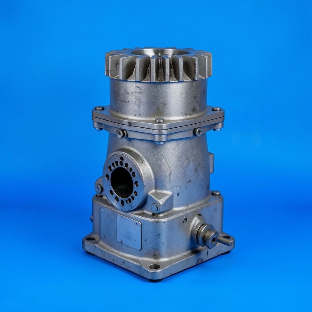 Deep rotor VSI crusher in charcoal and steel tones, compact vertical profile, shot cleanly on a white seamless backdrop.