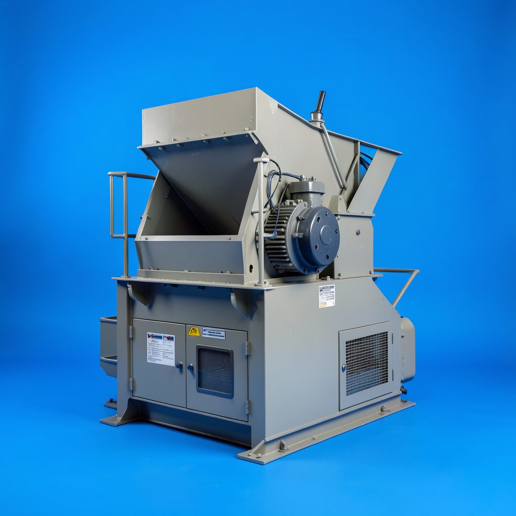 Heavy-duty quarry crusher machine on a seamless studio backdrop, industrial gray and steel-blue tones, robust mechanical structure with visible crushing chamber